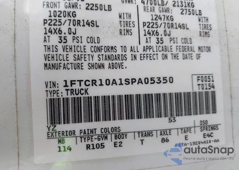 1995 Ford Ranger from USA, damaged, VIN 1FTCR10A1SPA05350